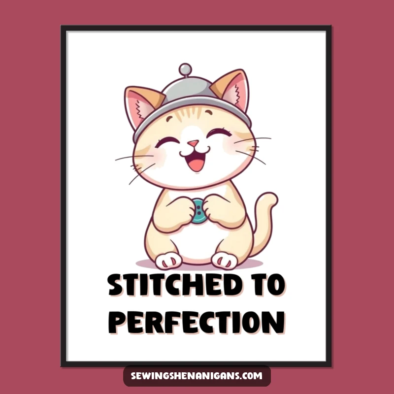 Funny Cat Sewing Digital Art: Thimble Hat Kitty, Instant Humorous Decor for Crafters