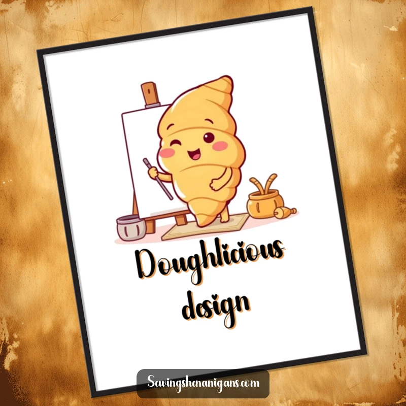 Funny digital art print of a cheerful croissant character testing a new pattern, instantly downloadable for decoration.