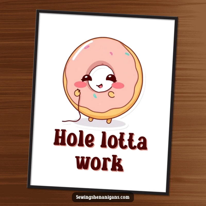 Funny Donut Stitching Digital Art Print: A giggling donut character humorously stitching a hole, perfect for instant funny decor.