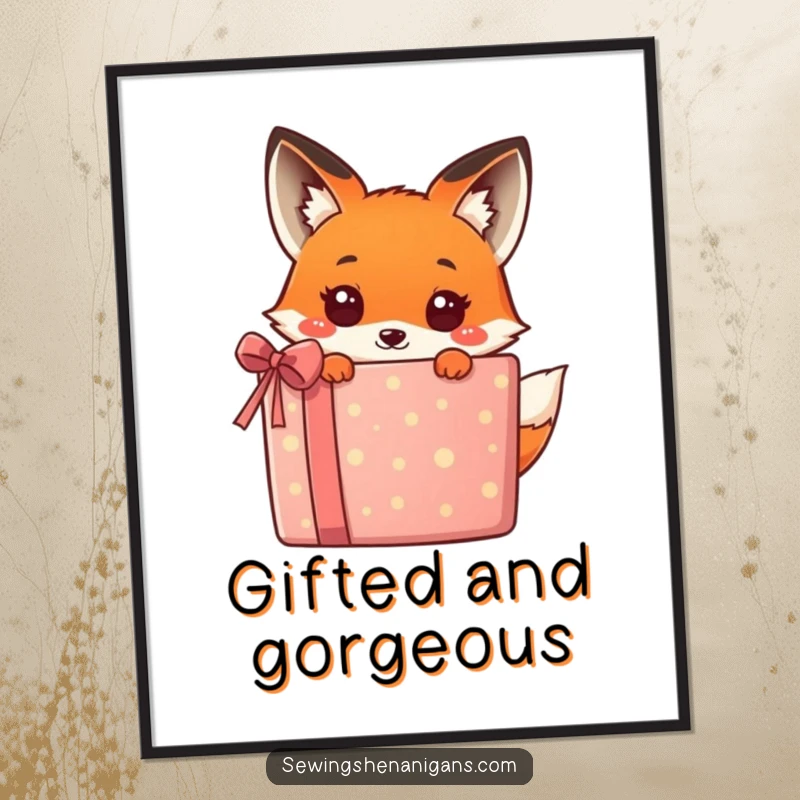 Funny kawaii fox hiding behind a vibrant gift box, a humorous and cute digital art print, perfect for instant wall decor.