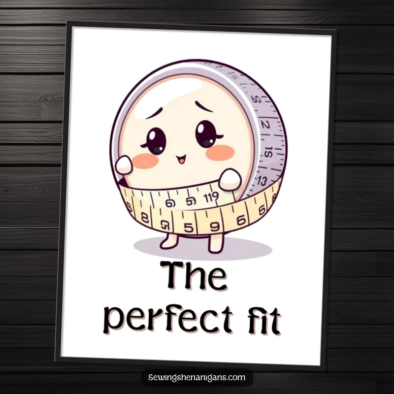 Funny Digital Art: A round measuring tape character humorously hugging a bewildered button, printable wall art.