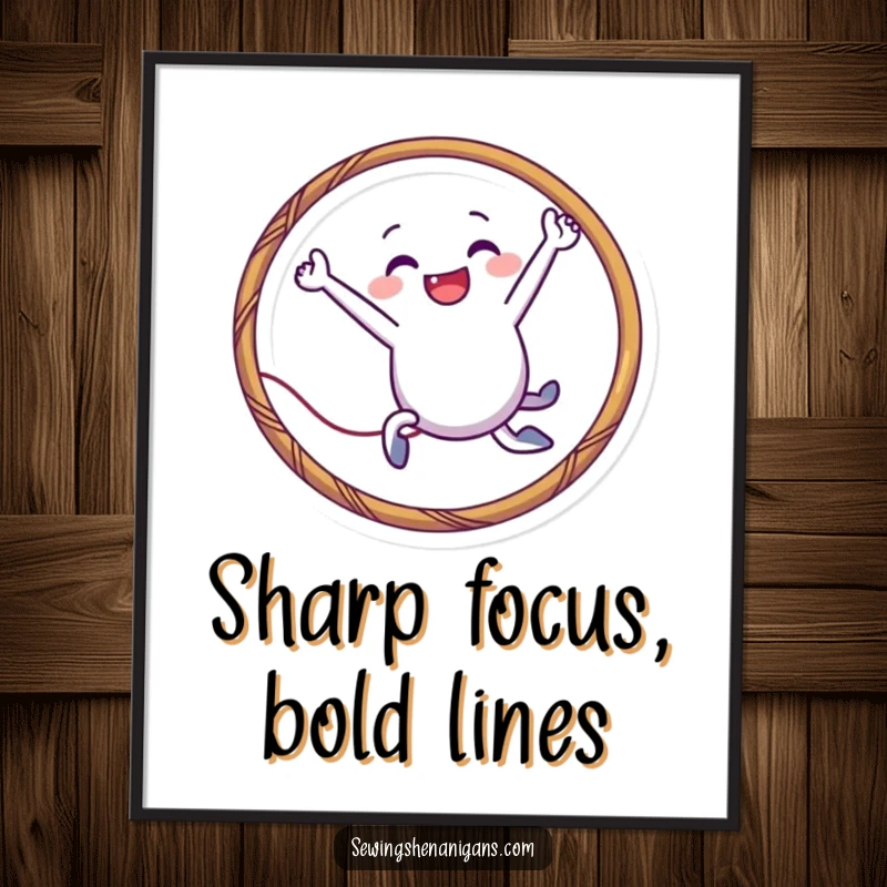 Funny needle character digital art print leaping through a thread hoop, perfect for dynamic decor and as a unique funny gift.