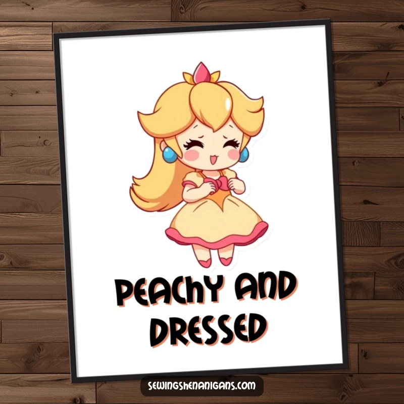 Funny Peach Dress Digital Art Print: A playful peach character enthusiastically trying on a tiny dress, perfect for instant funny decor.