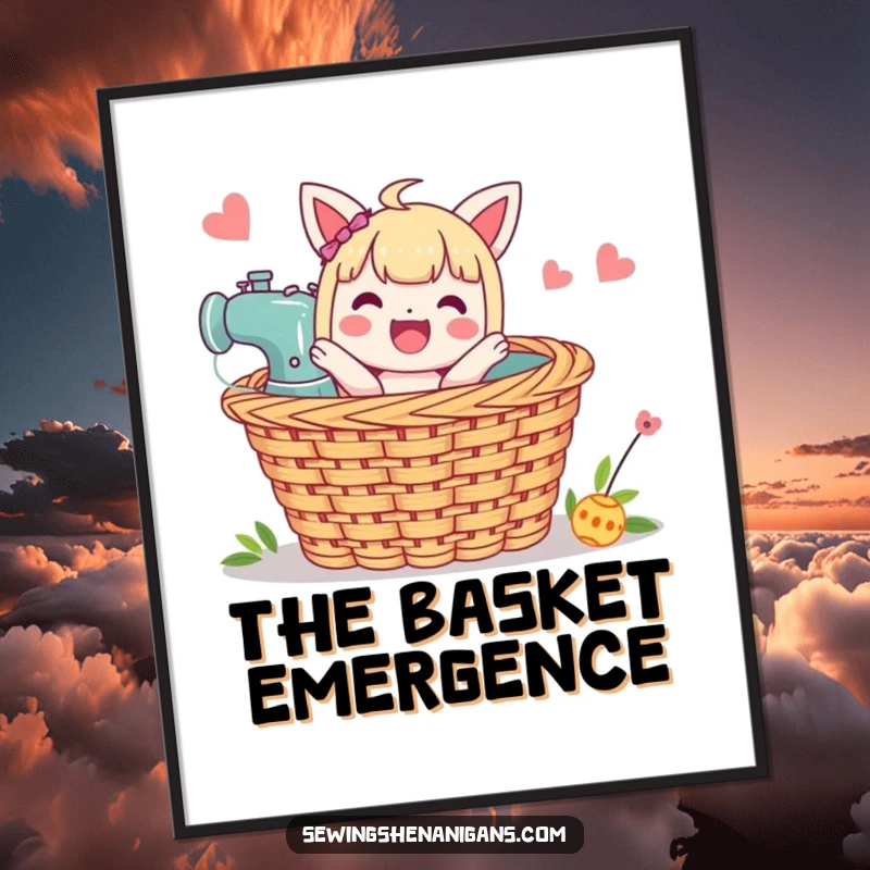 Funny Sewing Basket Digital Art Print: A character pops joyfully from a sewing basket, perfect for whimsical decor.