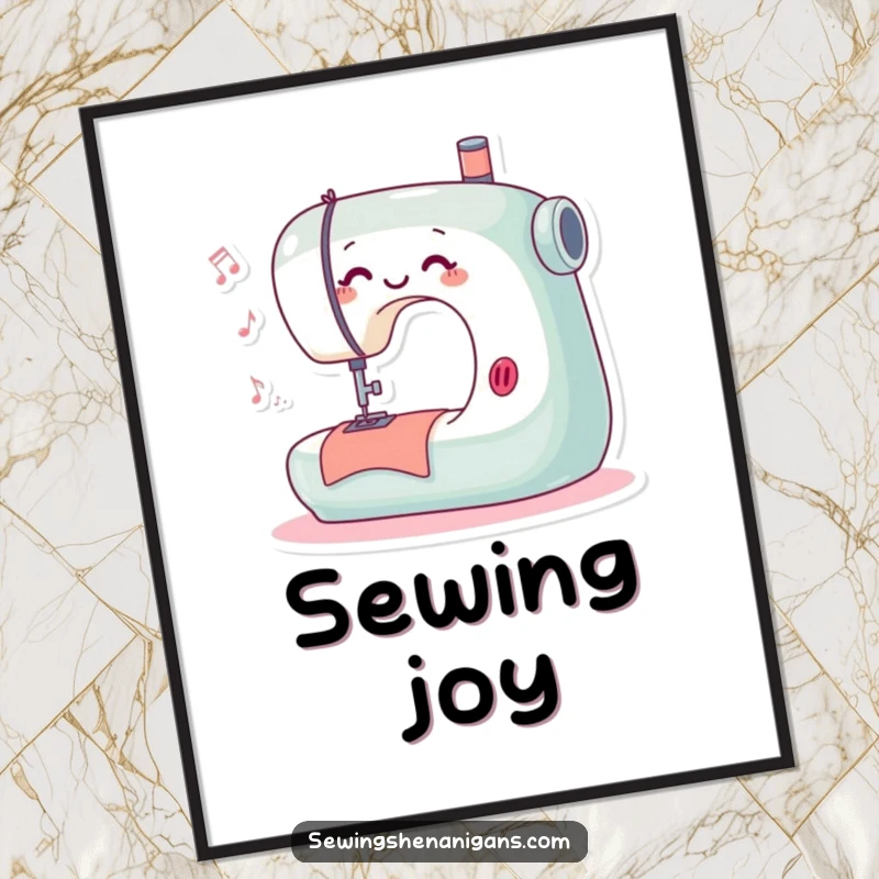 Funny digital art print of a playful sewing machine character happily stitching and humming, adding a cheerful and creative touch.