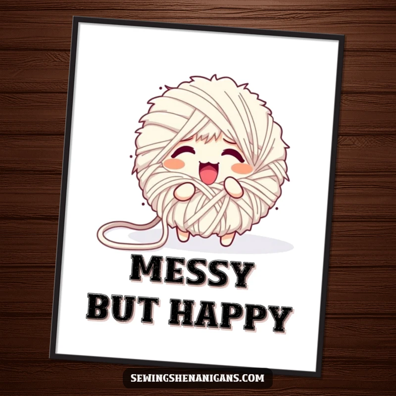 Funny digital art print of a fluffy yarn ball character comically unraveling into a mess, conveying creative chaos and charm.