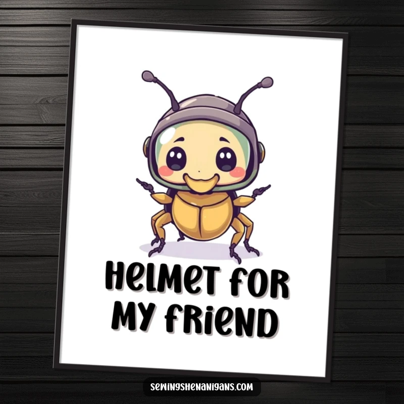 Funny digital art print of a bewildered beetle character wearing a thimble as a helmet, conveying comical preparedness and charm.