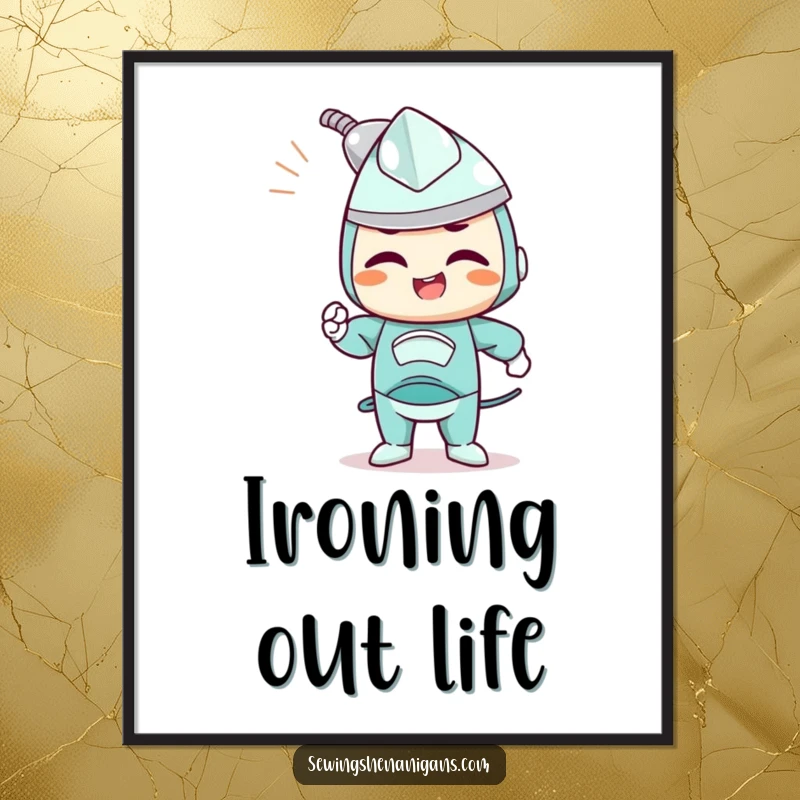 Funny digital art print of a determined iron character joyfully smoothing out wrinkles, perfect for instant organized decor.
