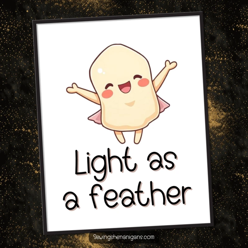 Funny digital art print: A delighted fabric scrap character fluttering with pure glee in a gentle atmosphere, full of color.