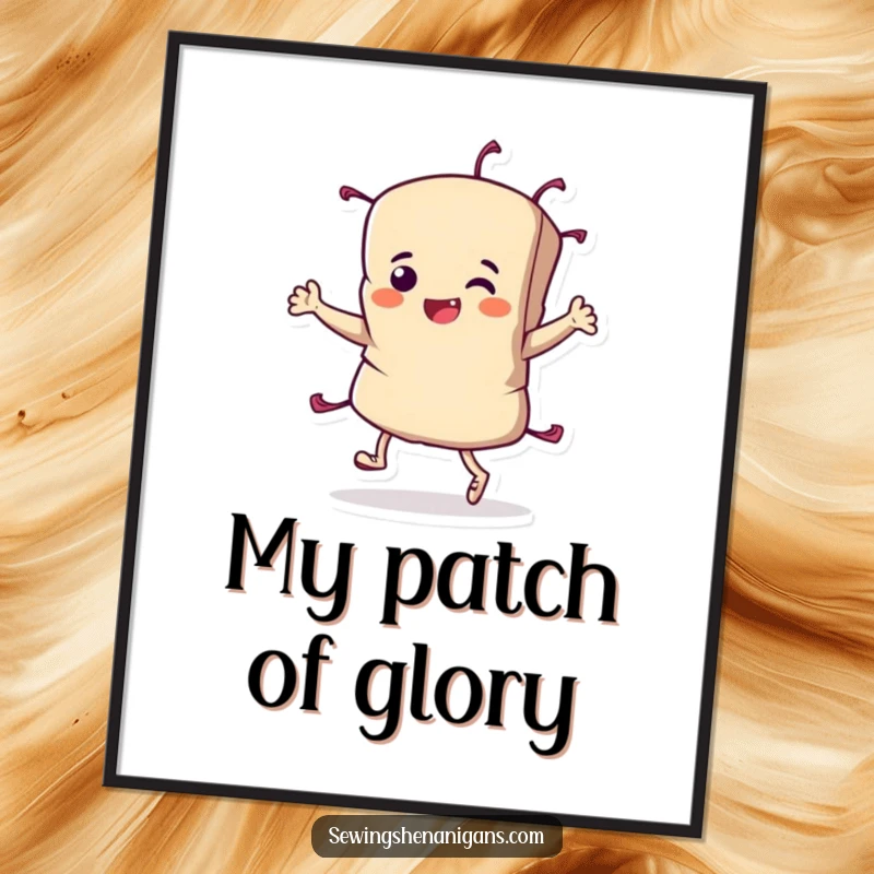 Funny Fabric Scrap Digital Art print of a determined character performing a celebratory jig, perfect for printing and framing as sewing decor.