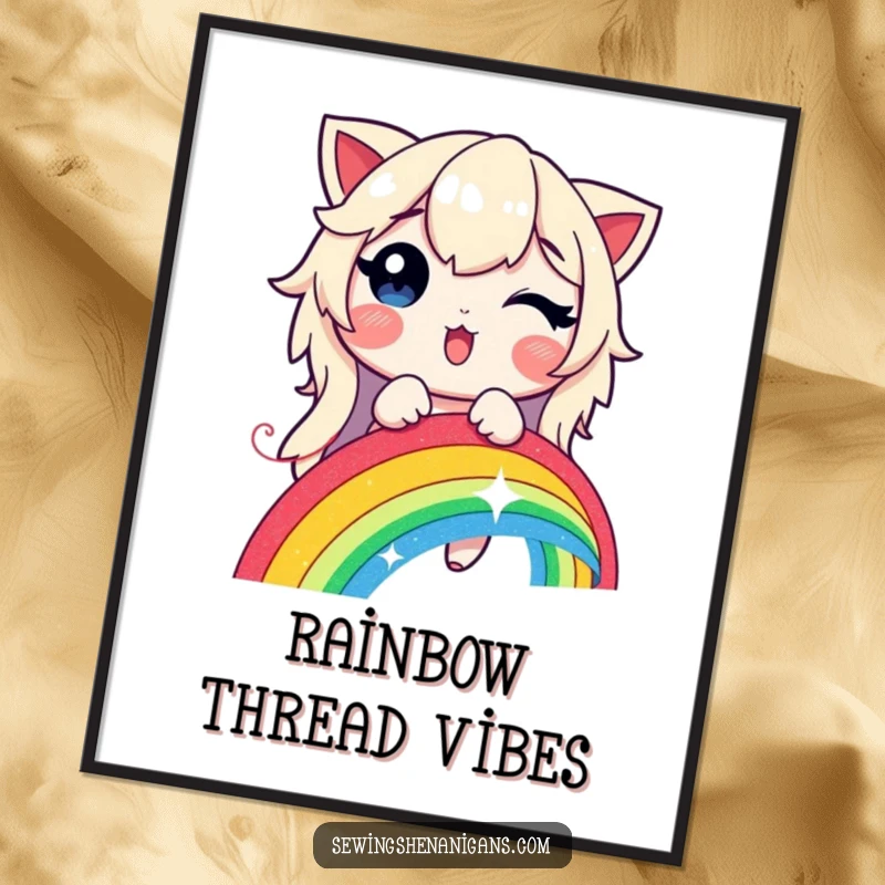 Funny, printable digital art of a delighted character stitching a vibrant, glowing rainbow with a shimmering thread.