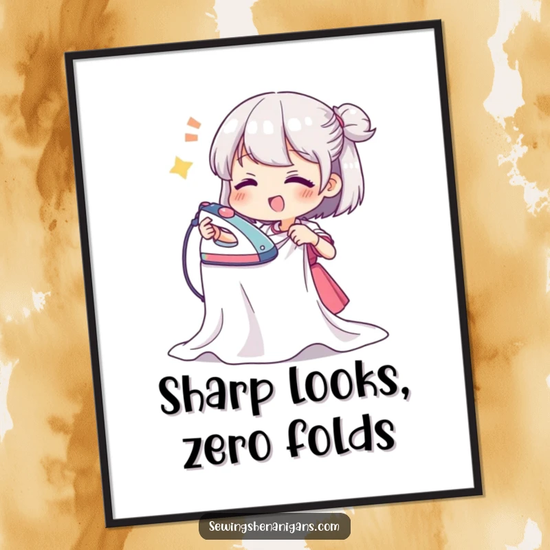 Funny digital art print of a character ironing a wavy piece of fabric with great enthusiasm, adding humorous decor to any room.