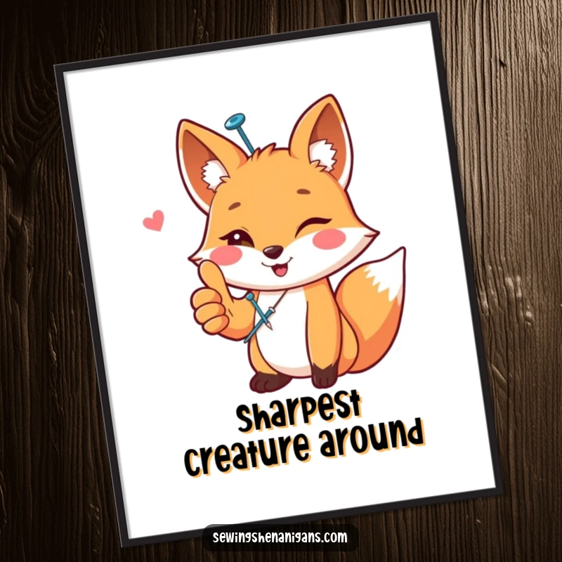 Funny happy fox with a sewing pin, giving a thumbs up, as digital art for instant download, conveying crafty cheer, a funny gift.