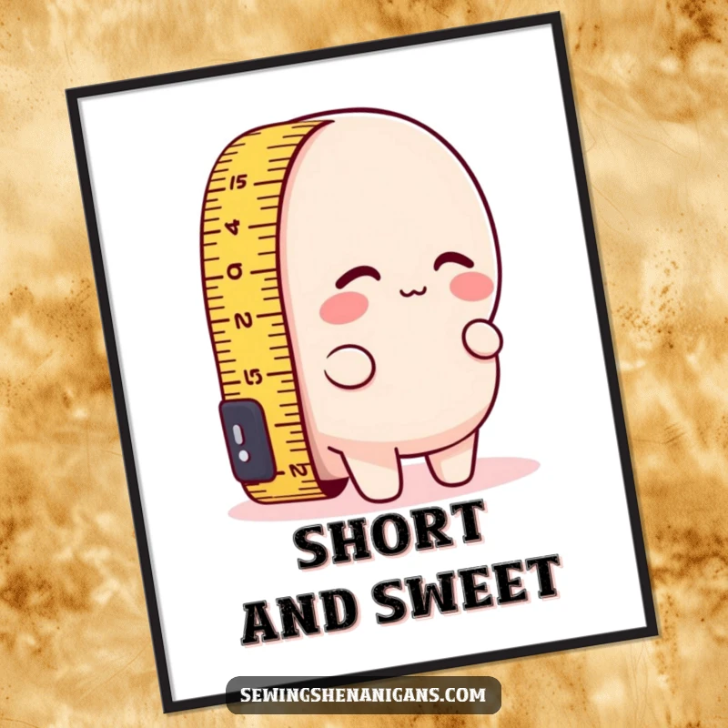Funny digital art print of a measuring tape character comically attempting to measure its own short length, conveying relatable humor.