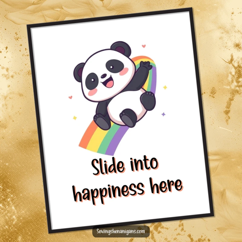 Funny Kawaii Panda digital art print of a panda gleefully sliding down a rainbow, perfect for printable decor.