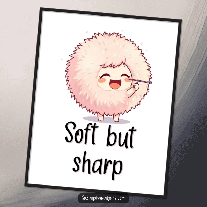 Funny digital art print of a joyful character playfully poking a large pom-pom with a needle, creating a charming and humorous scene.