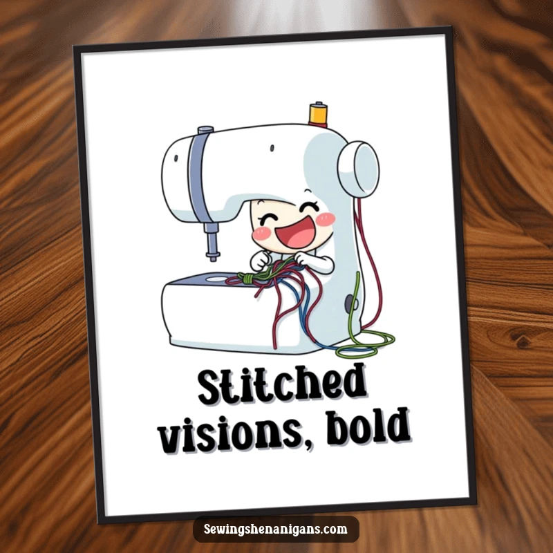 Funny sewing machine digital art print with a delighted character stitching, perfect for vibrant decor and as a unique funny gift.