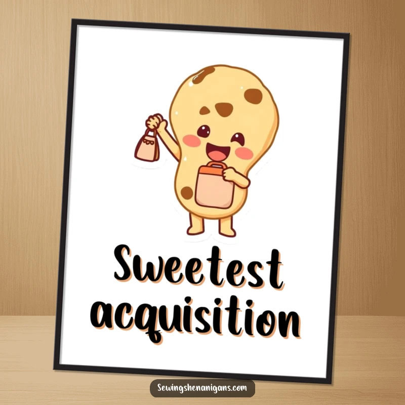 Funny Digital Art Print: A joyful cookie character proudly holding a tiny bag, perfect for adding sweet celebration to walls.