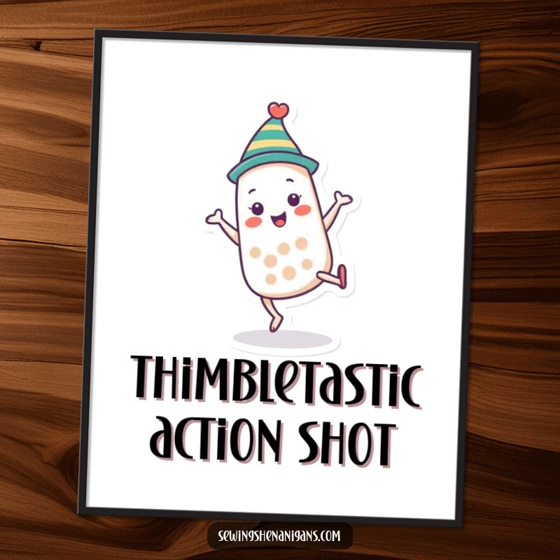 Funny thimble character digital art print doing a cartwheel, perfect for vibrant decor and as a unique funny gift.