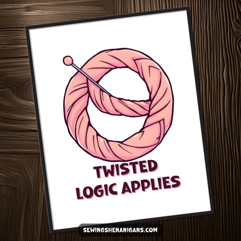 Funny Digital Art Print: A determined thread hilariously bends a needle into a pretzel shape, a comical sewing illustration.