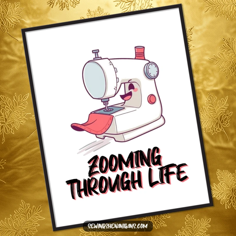 Funny Digital Art Print: A mischievous sewing machine character gleefully zooms across fabric in this dynamic and humorous artwork.
