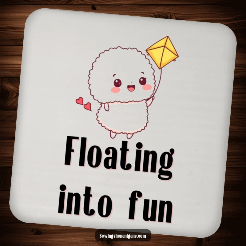 Funny Coaster: A happy pincushion flies a fabric scrap kite, a humorous and protective sewing accessory.