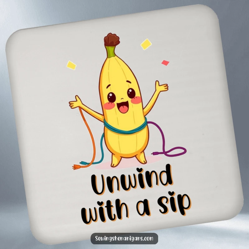Funny Drink Coasters: Set featuring a curious banana character joyfully juggling colorful threads, adding whimsical protection to tabletops.