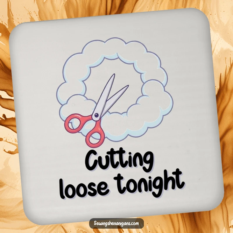 Funny Coaster: Scissors attempt to cut a round hole in a cloud, a humorous and protective accessory.