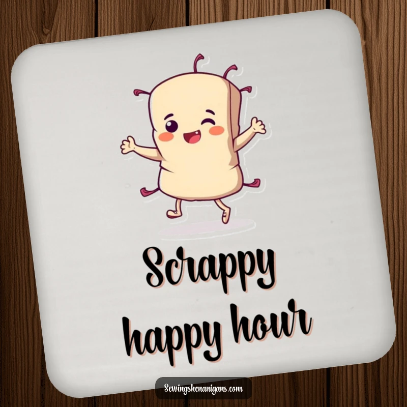 Funny Fabric Scrap Coasters set featuring a determined character doing a triumphant jig, perfect for protecting drinks and tables.