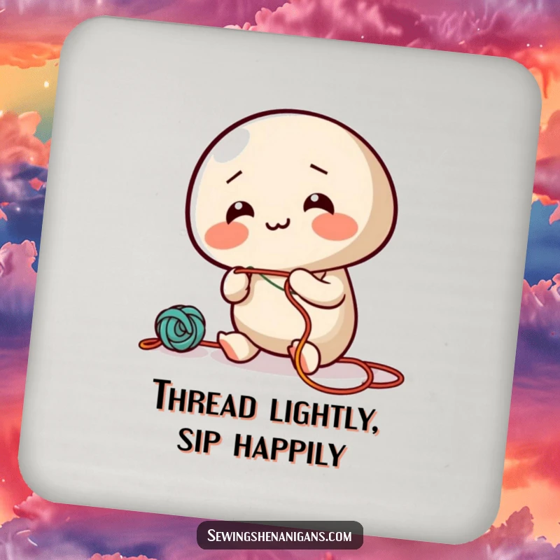 Funny drink coaster featuring a giggling needle character enthusiastically threading colorful string, protecting surfaces with humor.