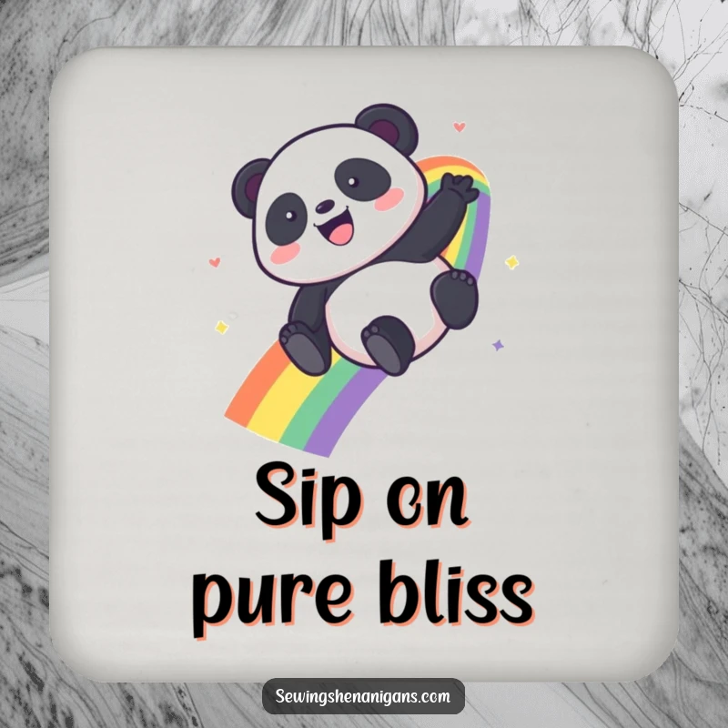 Funny Kawaii Panda coaster featuring a panda sliding down a colorful rainbow, adding charm to any drink.