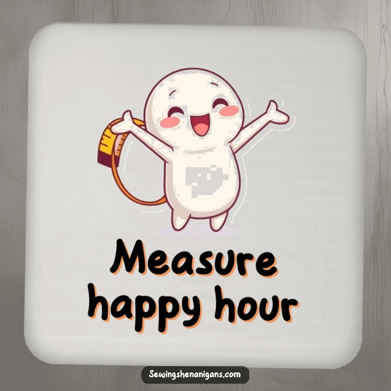 Funny Measuring Tape Coasters set featuring a joyful character fully stretched out, perfect for protecting drinks and tables with a playful vibe.
