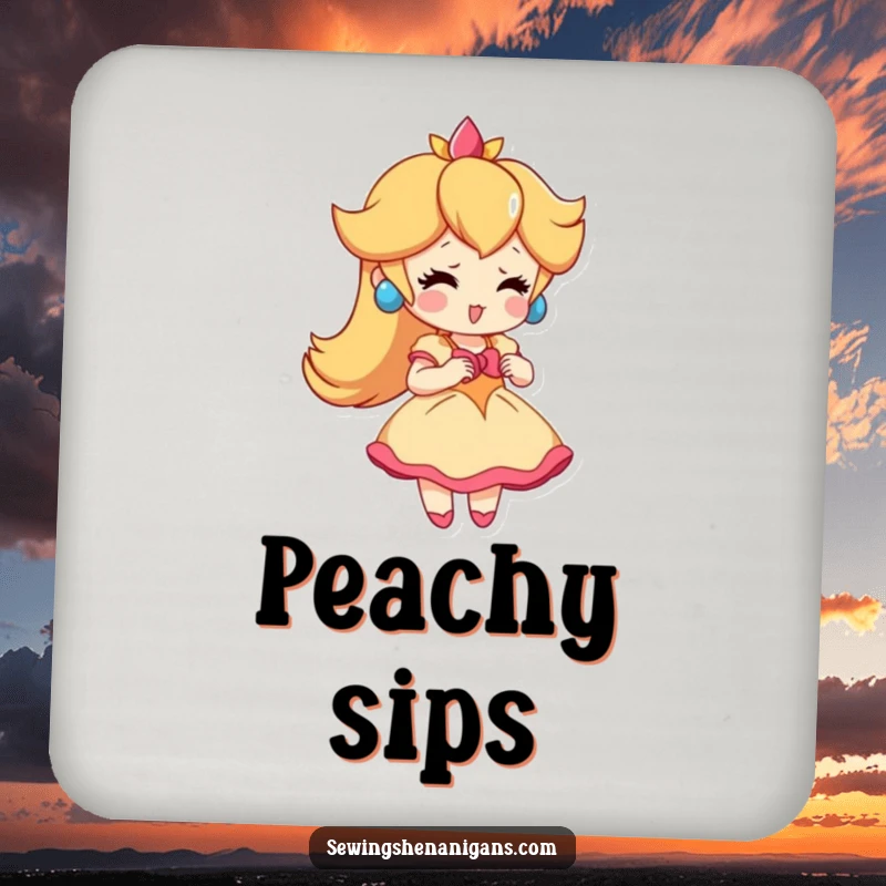 Funny Peach Dress Coasters: A playful peach character trying on a small dress, ideal for funny and protective table decor.