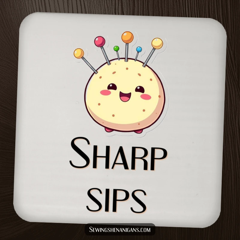 Funny drink coaster featuring a beaming pin cushion character with colorful pins, offering surface protection with a playful and creative aesthetic.