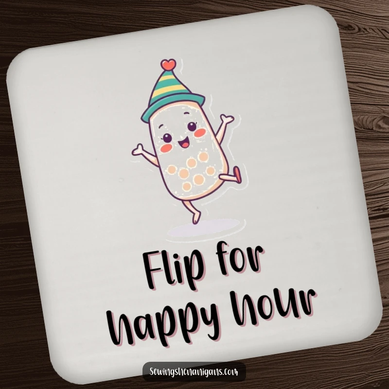 Funny thimble character coasters doing a cartwheel, protecting surfaces with humor and as a quirky funny gift.