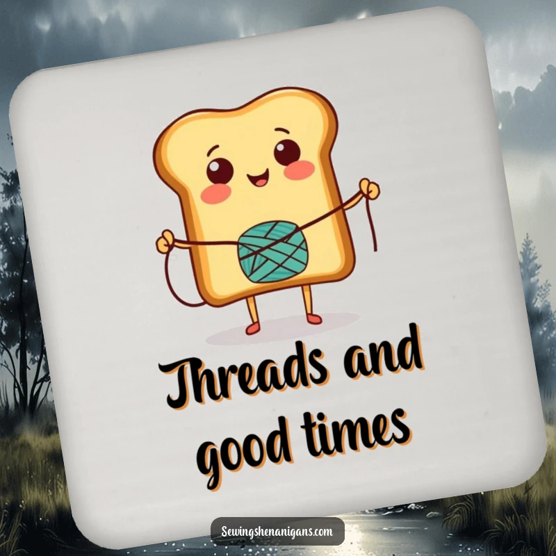 Funny Drink Coaster showcasing a smiling toast character skipping rope with a thread spool, adding playful protection and humor to any surface.