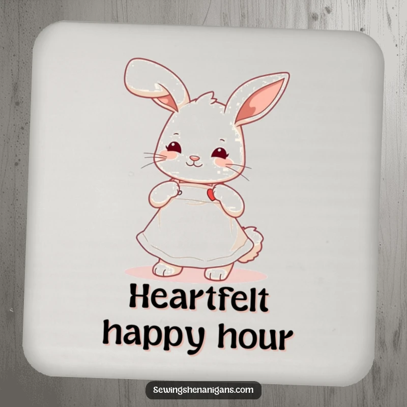 Funny playful bunny wearing a cute apron, stitching a tiny heart, a cute and humorous drink coaster set.