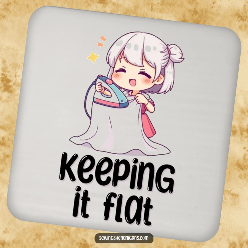 Funny drink coaster with a character ironing wavy fabric, protecting surfaces with a humorous and dedicated flair.