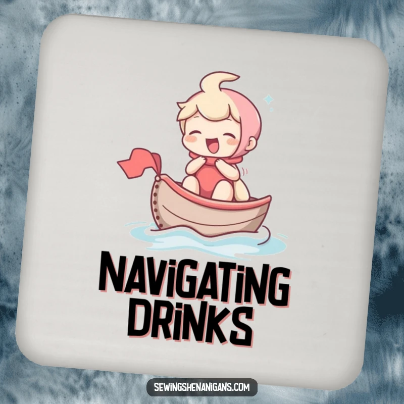Funny drink coaster with a giggling character sailing a thimble like a tiny boat, adding whimsical charm to any table setting.