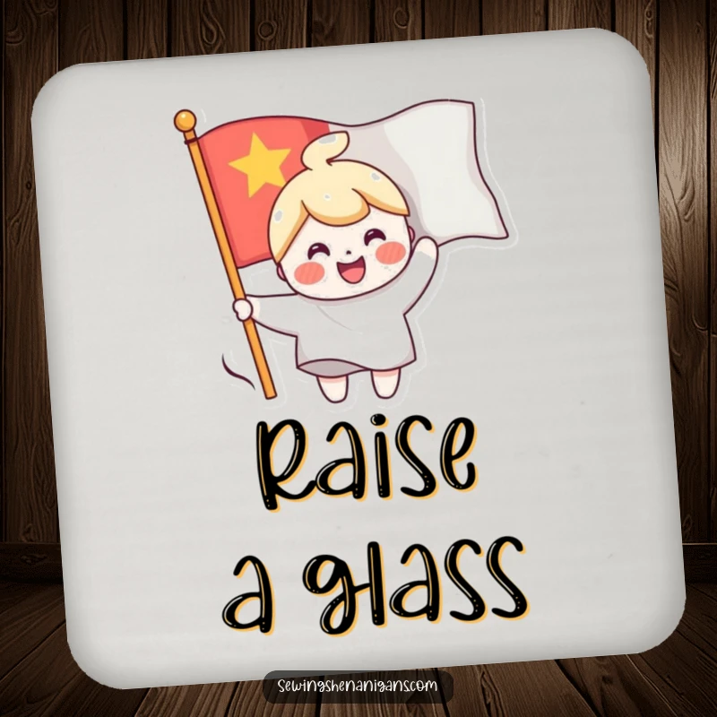 Funny drink coaster with a cheerful character sewing a smiling face onto a waving flag, adding a touch of happy symbolism.