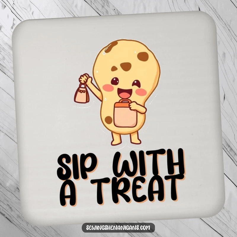 Funny Drink Coasters: Set featuring a joyful cookie character holding a tiny bag, adding sweet celebration to tabletops.