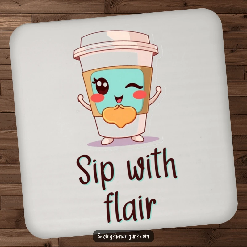 Funny Winking Coffee Cup Coasters: A winking coffee cup character showing a colorful patch, ideal for funny and protective table decor.