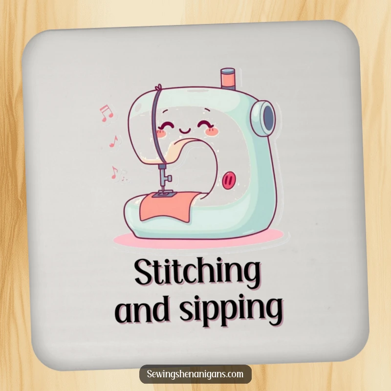 Funny drink coaster featuring a playful sewing machine character happily stitching and humming, offering surface protection with a creative flair.