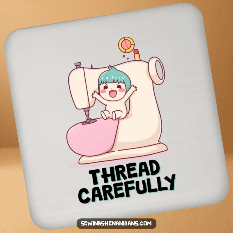 Funny, absorbent coaster featuring a kawaii character bouncing a ball on a giant sewing machine.