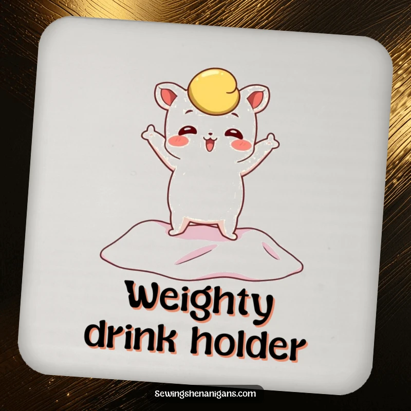 Funny Pattern Weight Coasters set featuring a whimsical character posing dramatically on fabric, perfect for protecting drinks and tables.