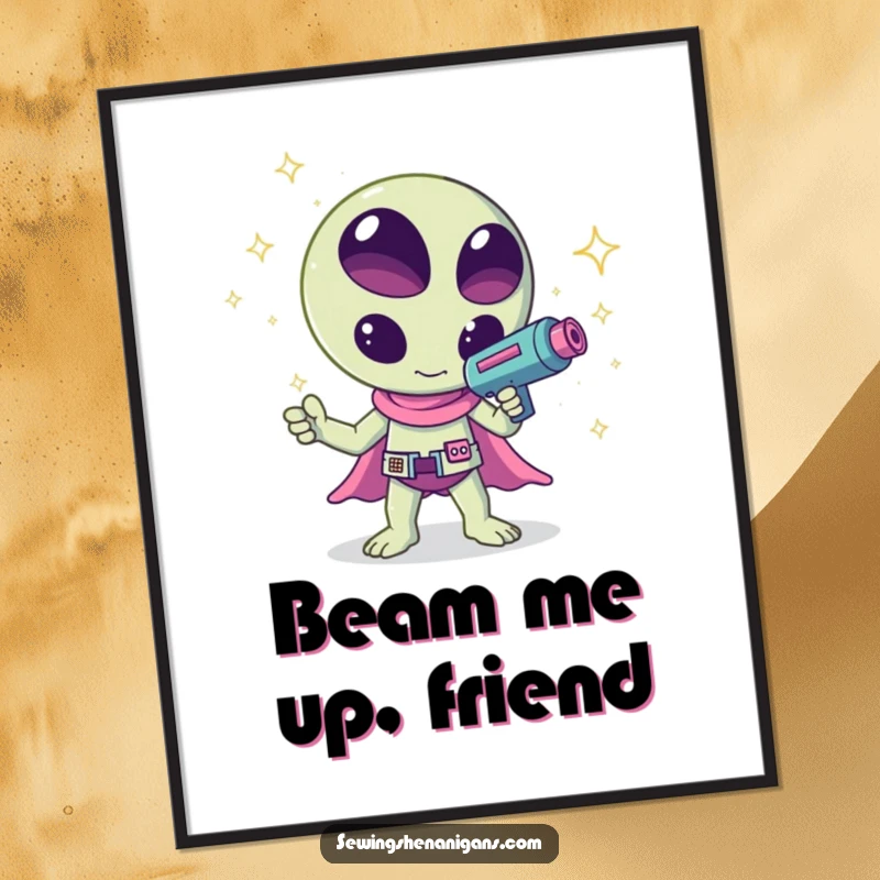 Funny kawaii alien waving a ray gun that shoots sparkles, a humorous and cute design on this poster, ideal for wall decor.