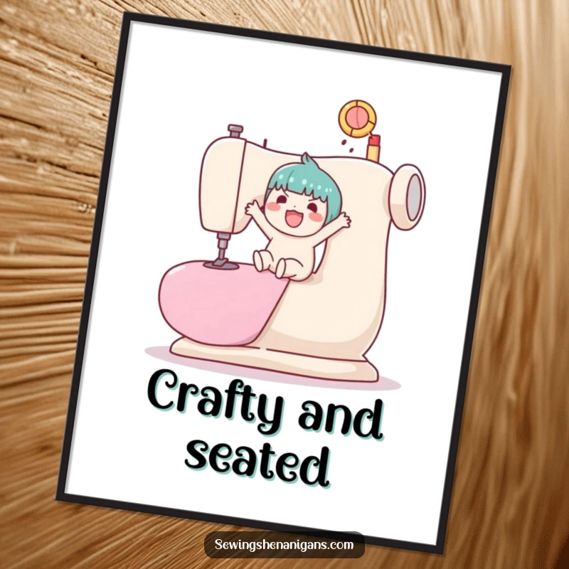 Funny, high-resolution poster of a kawaii character playfully bouncing a ball on a massive sewing machine.