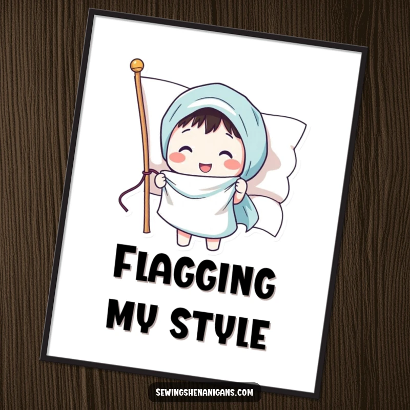 Funny poster illustrating a happy character sewing a smiling face onto a waving national flag, creating a joyful scene.