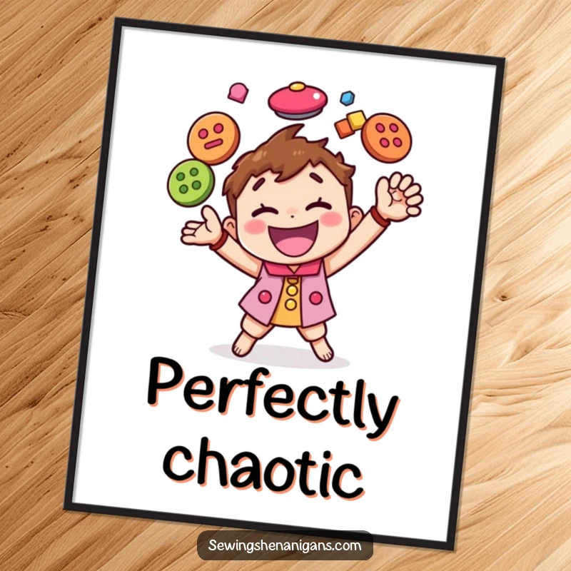 Funny poster art of a happy character enthusiastically juggling a cascade of colorful buttons, celebrating crafting with vibrant motion.