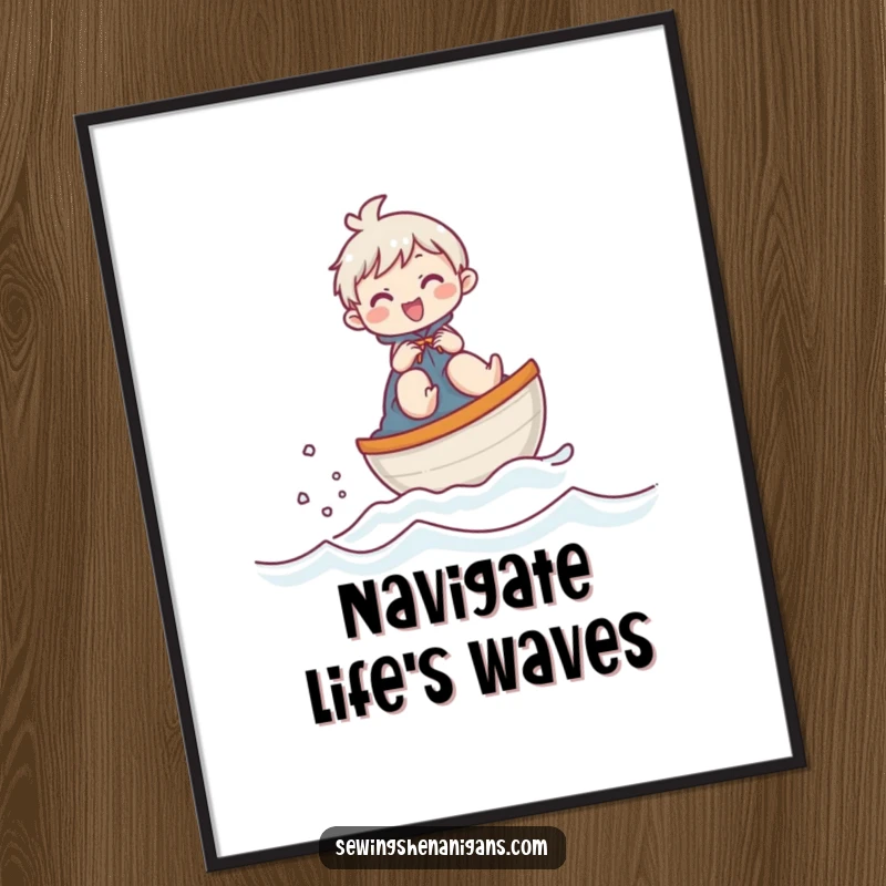 Funny poster art showcasing a giggling character steering a thimble boat across a fabric landscape, full of playful energy.